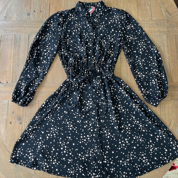 Kate Spade Black Scattered Stars Button Front Shirt Dress Preppy Fit And Flare 4 - Picture 2 of 9